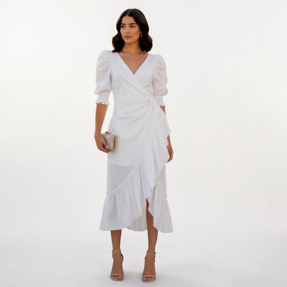 Cinq‎ A Sept Kacy Ruffle Wrap Dress Puff Sleeve Est Sz 4 White - Picture 12 of 13